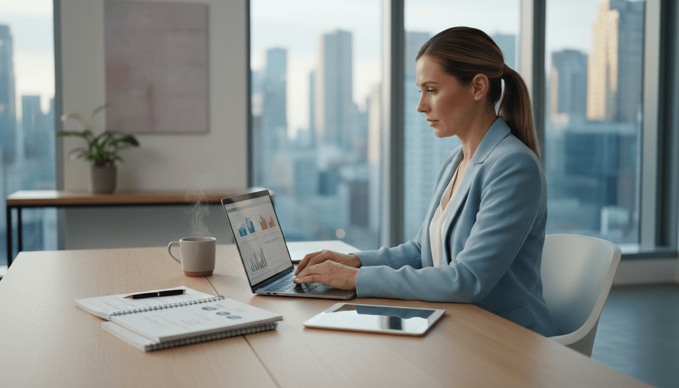 Business owner reviewing strategy and marketing plans at clean modern workspace